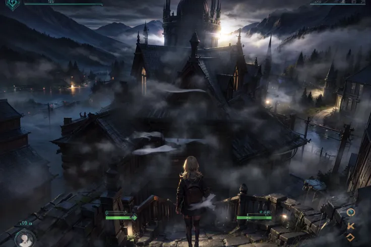 1girl, blonde hair, long hair, user interface, fake screenshot, gothic, gothic architecture, (gameplay mechanics, heads-up display, health bar, minimap), from behind, standing, outdoors, ruins, scenery, (fog:1.4), cloud, cloudy sky, night sky, night, horror (theme), masterpiece, best quality, highres, official art, extremely detailed cg unity 8k wallpaper, <lora:LowRA:0.5>, <lora:add_detail:0.5>, <lora:picxer_real:0.5>, <lora:hairdetailer:0.5>