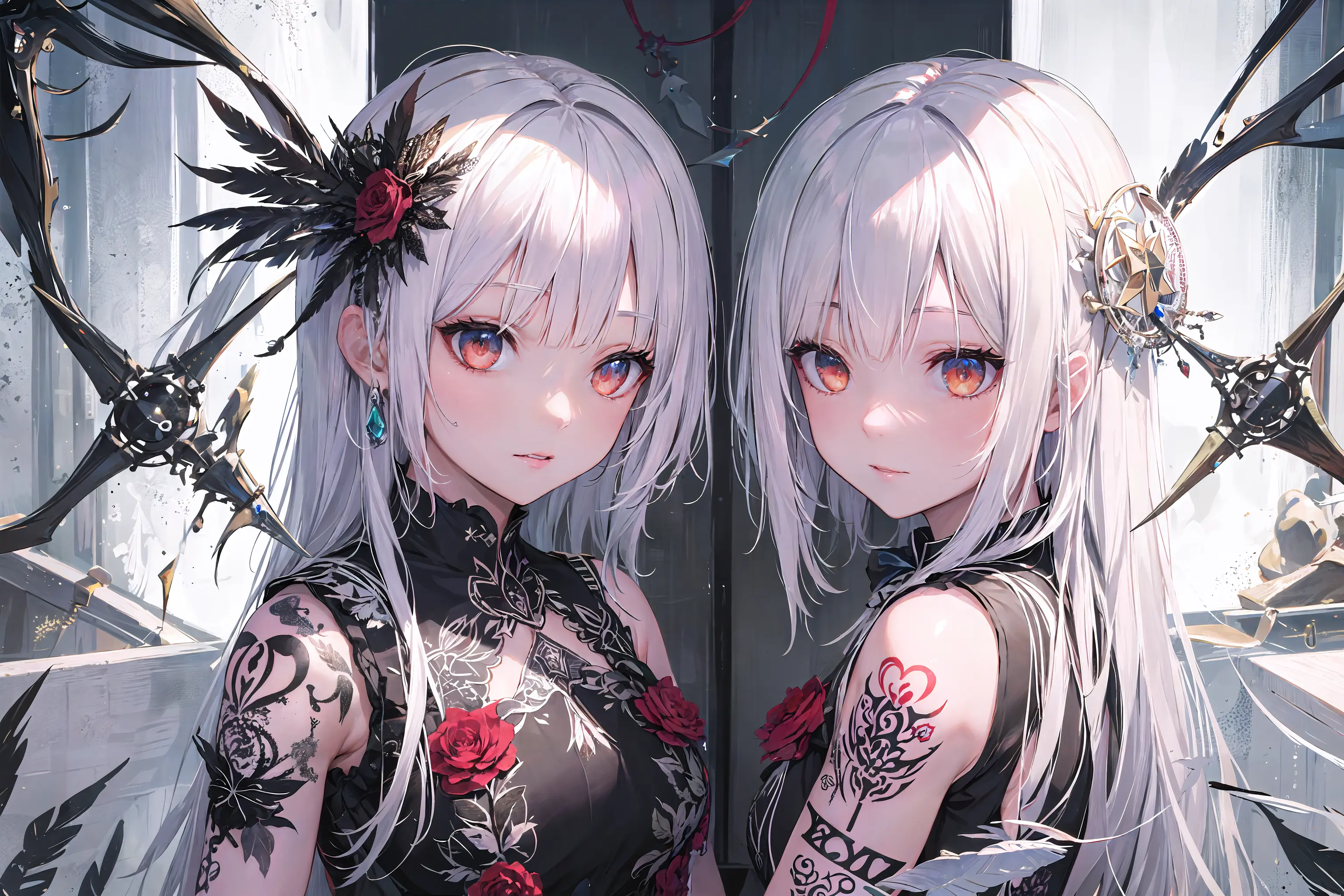 absurdres, highres, reflection, refraction:1.4, ultra detailed:1.0, young beautiful girl, white long hair, symmetry:2.0 BREAK
zentangle, double exposure, (layered imagery):1.2, blended visuals, overlapping compositions, dreamlike illusions, fallen angel, black wings:1.5, feathers flutter, tattoo, face tatoo, sad, red eyes, viewfinder, portrait,