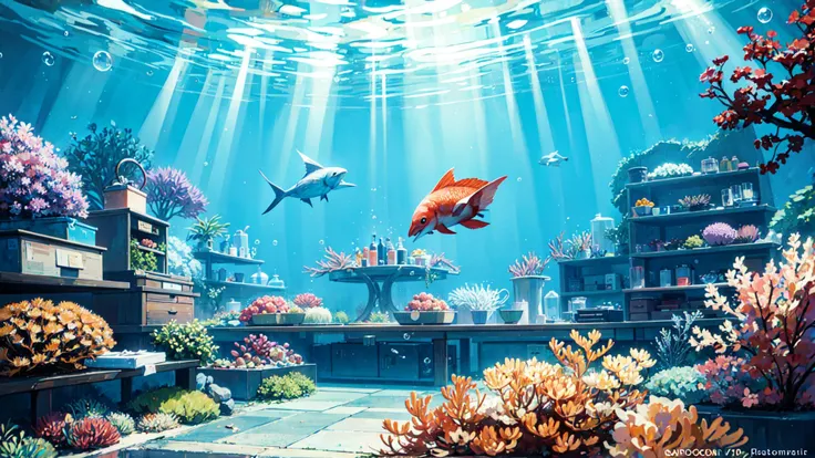 ((best quality)), ((masterpiece)),underwater, mythical, fantasy, swimming, corals, bubbles, light rays