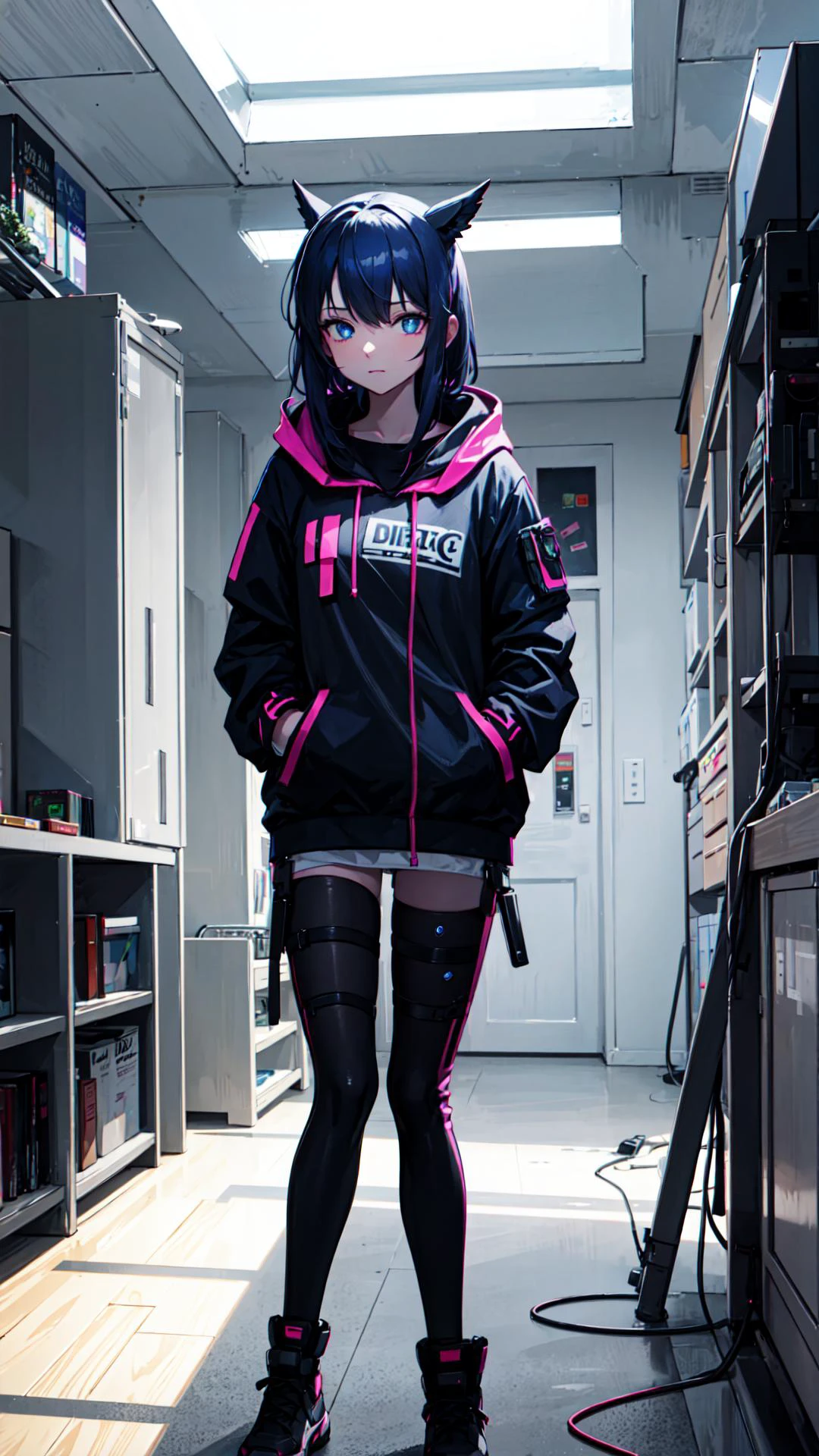 ((best quality)), ((masterpiece)), 1girl, dark gaming bedroom, cyber neon lights, hacker