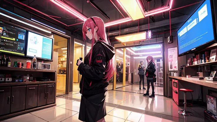 ((best quality)), ((masterpiece)), 1girl, dark gaming room, cyber neon lights, led lighting, hacker