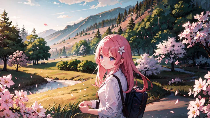((best quality)), ((masterpiece)), 1girl, backlite, raw photo, cherry blossom rain, grass field,  wide angle