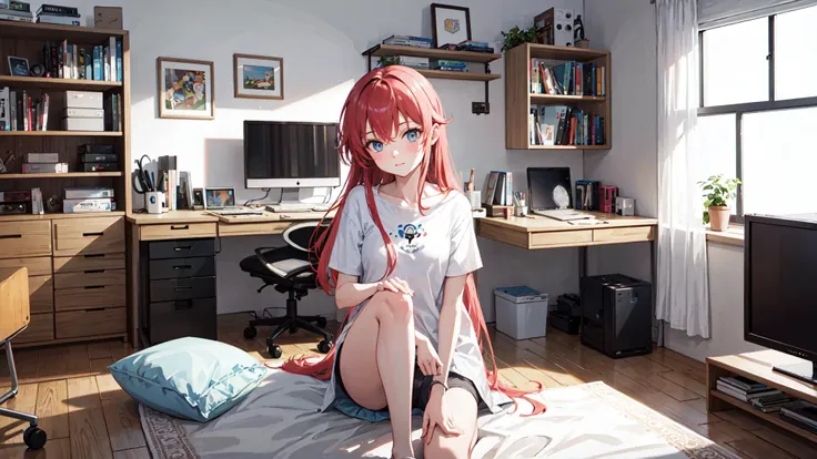 ((best quality)), ((masterpiece)), 1girl, bedroom, gaming set up, gamer, otaku room