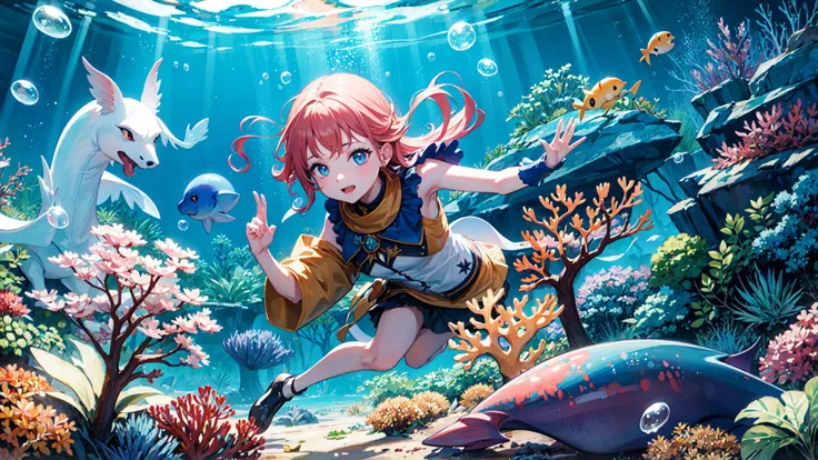 ((best quality)), ((masterpiece)),underwater, mythical creatures, fantasy, corals, bubbles