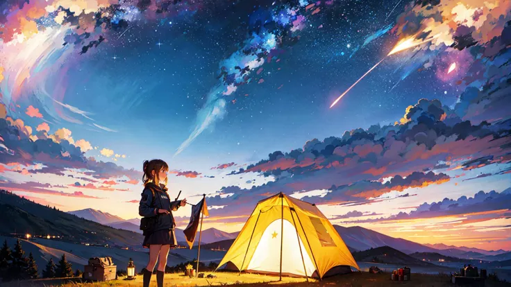 ((best quality)), ((masterpiece)), 1girl, camping, night time, sky, milky way, stars, mountain