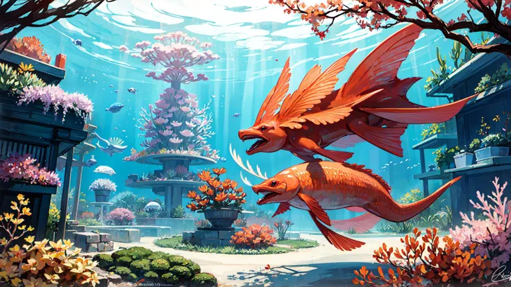 ((best quality)), ((masterpiece)),underwater, mythical creatures, fantasy, corals, bubbles