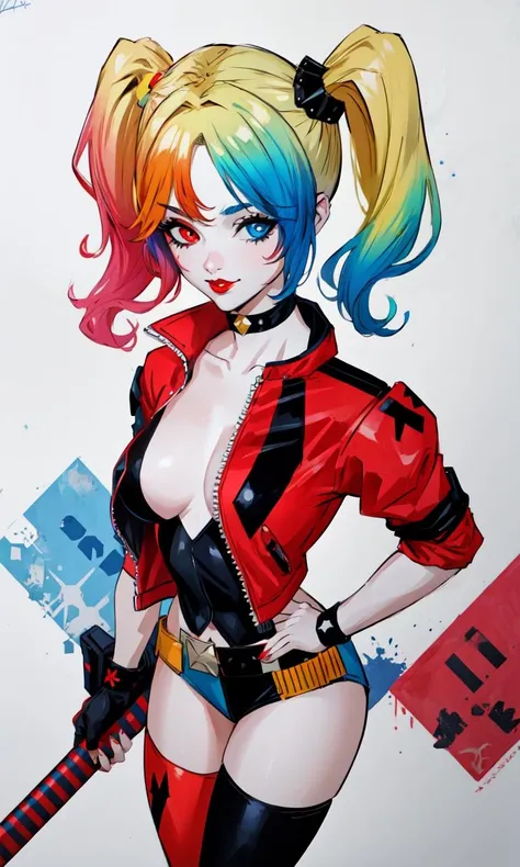 <lora:HarleyQuinnV1.3:1>, harley quinn, white background, 1girl,