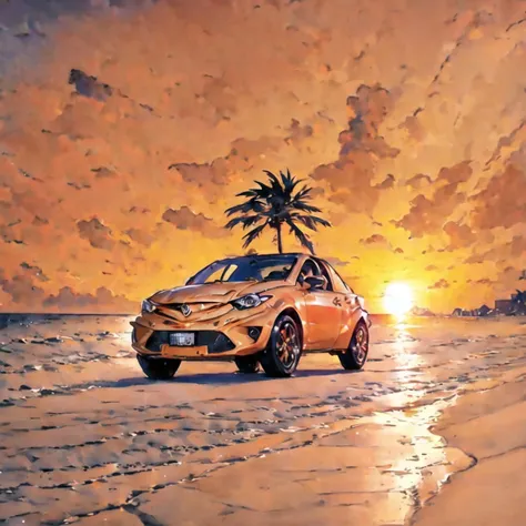 <hypernet:WatercolorAnime:1.2> An orange car on a beach, (car:1.6), convertible, orange, beach, palm trees, sunset