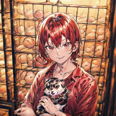 <hypernet:WatercolorAnime:1.2> 1guy, red hair, gold eyes, wearing casual clothes, at a pet shop, holding a puppy, happy expression, pet cages