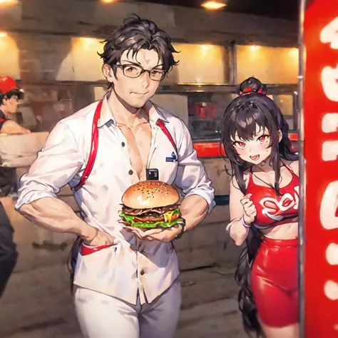 <hypernet:WatercolorAnime:1> 1girl, 1guy, fastfood, burger