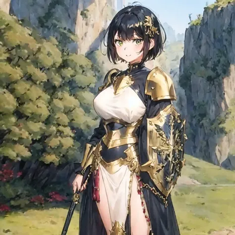 <hypernet:WatercolorAnime:1> 1girl, short hair, black hair, hime cut, green eyes, hair ornament, paladin armor, full plate, holding a shield, standing, brave