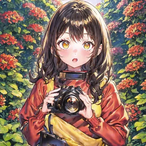 <hypernet:WatercolorAnime:1> 1girl, brown hair, yellow eyes, wearing a red sweater and black leggings, at a botanical garden, holding a camera, fascinated expression, flowers