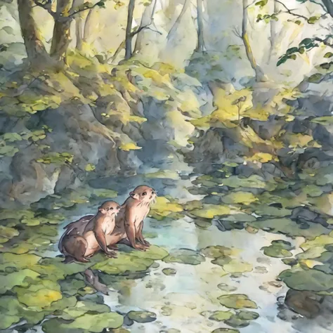 <hypernet:WatercolorAnime:1> (otters:1.2) near a small pond, ferns, forest, daylight, bright. Watercolor painting