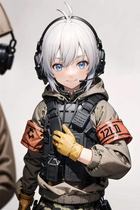 best quality,masterpiece,1girl,solo,solo focus,<lora:æ³¢é¨è¨æ²V2.0:0.6>,hasuki,gloves,antenna hair,grey hair,headset,armband,load bearing vest,headphones,boots,skirt,blue eyes,camouflage,knee pads,shorts,hood,uniform,upper body,close-up,looking at viewer,light smile,(closed mouth),long sleeves,