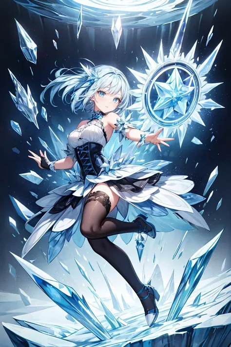 (masterpiece, best quality), 1girl, blue hair, ice hair, blue eyes, ice shards, hands crystal ice, ice blade, blue magic circle, blue corset, black thighhighs, sidelighting, light particles, abstract, <lora:add_detail:1>