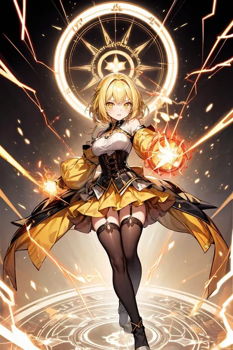 (masterpiece, best quality), 1girl, yellow hair, sparks hair, yellow eyes, electricity sparks, thunder blade, yellow magic circle, yellow corset, black thighhighs, sidelighting, light particles, abstract, <lora:add_detail:1>