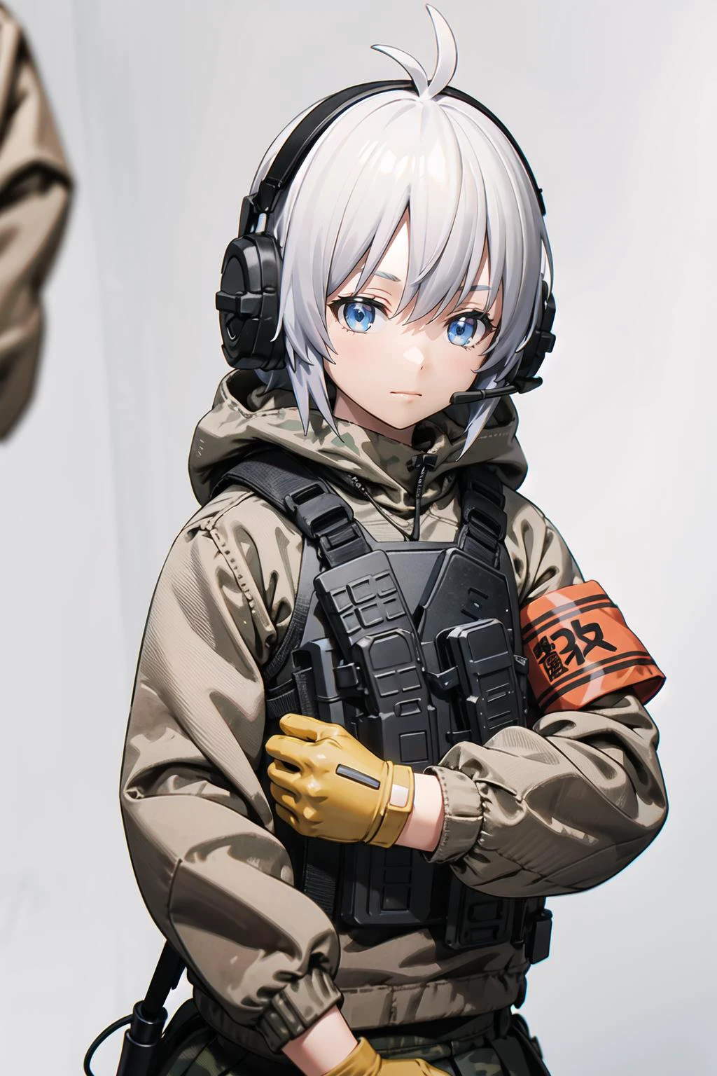 best quality,masterpiece,1girl,solo,solo focus,hasuki,gloves,antenna hair,headphones,headset,armband,load bearing vest,boots,skirt,blue eyes,camouflage,knee pads,shorts,hood,uniform,jacket,military uniform,looking at viewer,simple background,closed mouth,grey hair,upper body,looking away,<lora:æ³¢é¨è¨æ²V2.0:0.6>,