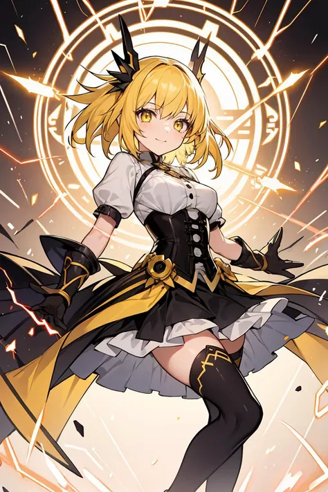 (masterpiece, best quality), 1girl, yellow hair, sparks hair, yellow eyes, electricity sparks, thunder blade, yellow magic circle, yellow corset, black thighhighs, sidelighting, light particles, abstract,