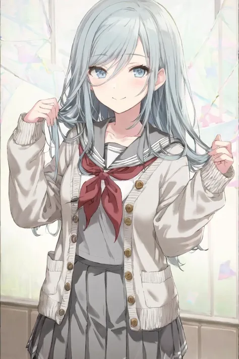 1girl, solo, school uniform,  skirt, cardigan, long hair, neckerchief, pleated skirt, grey skirt, red neckerchief, serafuku, sailor collar, white sailor collar, hands up, looking at viewer, smile, grey cardigan, swept bangs, bangs, long sleeves, blue eyes, open cardigan, grey eyes, blue hair, closed mouth, open clothes, collarbone, grey sailor collar, shirt, cowboy shot, hair between eyes, white cardigan, <lora:Shizuku_H:0.6>, <lora:flat_illustration:-0.75>