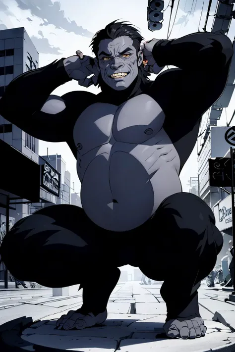 gorilla,black fur,light yellow eyes, fat, chubby, grey skin, looking at viewer, serious, evil grin, sharp teeth, dynamic angle,
squatting,;legs spread, arms raised, flexing, outside, city, street, traffic, overcast, extreme detail, masterpiece, <lora:Gorilla Grodd (Justice League):.8>