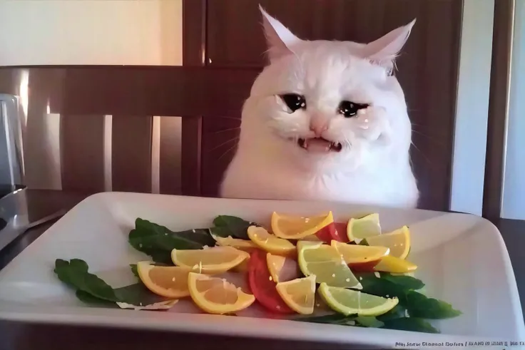 Highly detailed, High Quality, Masterpiece, beautiful, WomanYellingP2, food, solo, <lora:WomanYellingAtCatMeme:0.8>, sadcatmeme, crying, <lora:Char_Meme_SadCat:1>