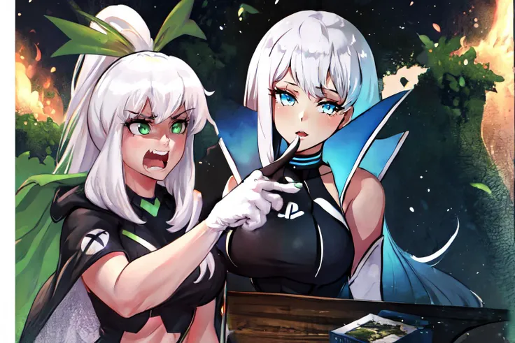 Highly detailed, High Quality, Masterpiece, beautiful, WomanYellingP1, pointing, <lora:Pos_WomanYellingAtCatMeme:0.9>, Playstation-chan, <lora:Char_Meme_Playstationchan:0.8>, white hair