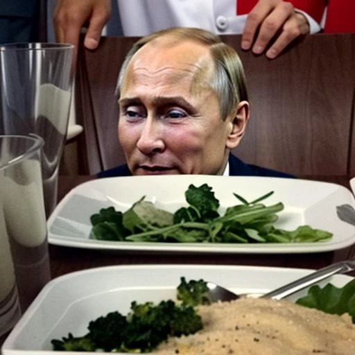 WomanYellingP2, solo food, 1boy Vladimir Putin looking smug <lyco:WomanYellingAtCatMeme:1.0>