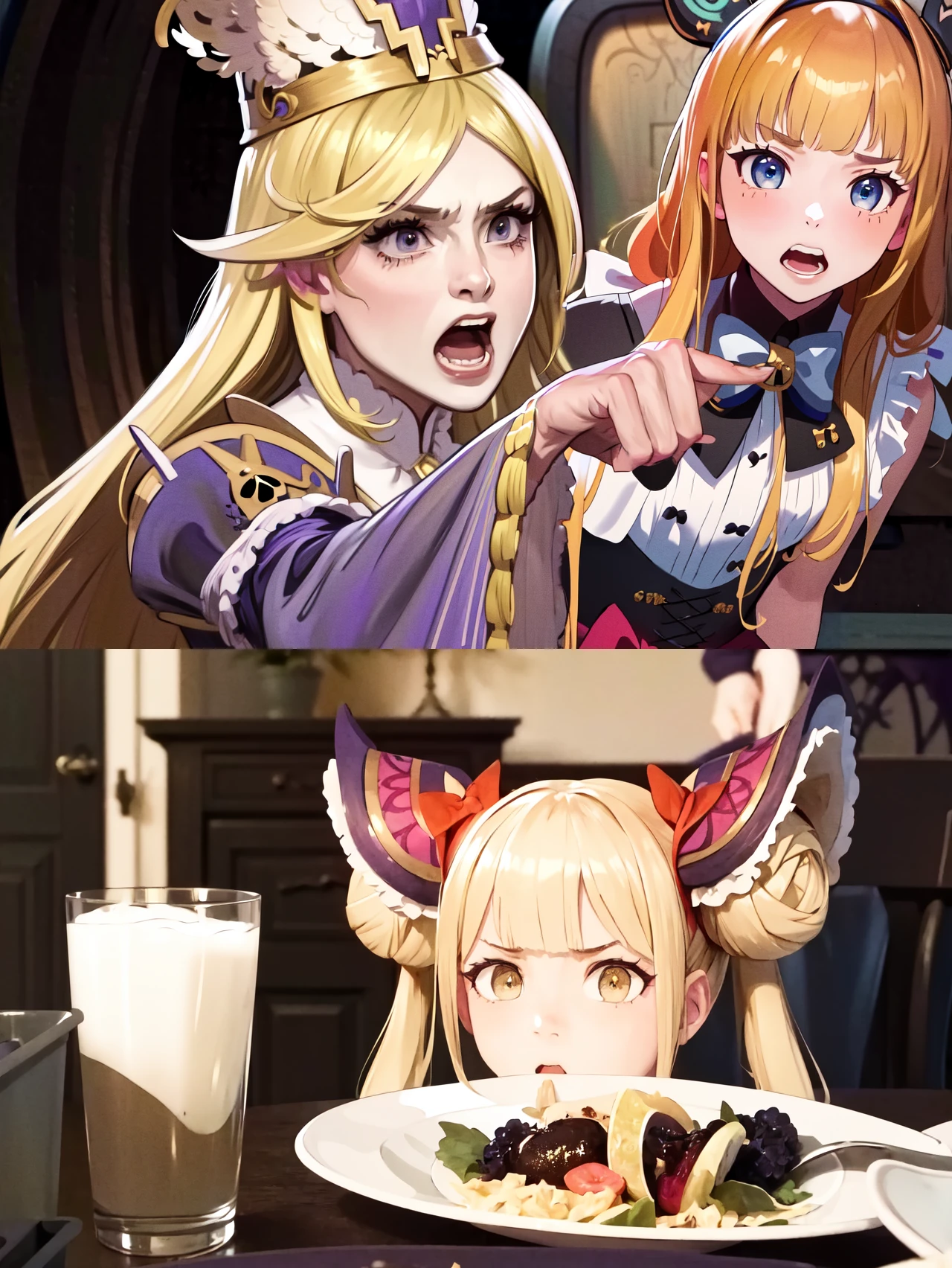 (best quality, masterpiece, highres:1.4), <lora:Lish:1.2> ((long hair, )) corset, vest, blue eyes, angry, ((hairband, hair intakes, fake animal ears, )) tareme, bow, ribbon, hair ornament,
<lyco:WomanYellingAtCatMeme:0.7>