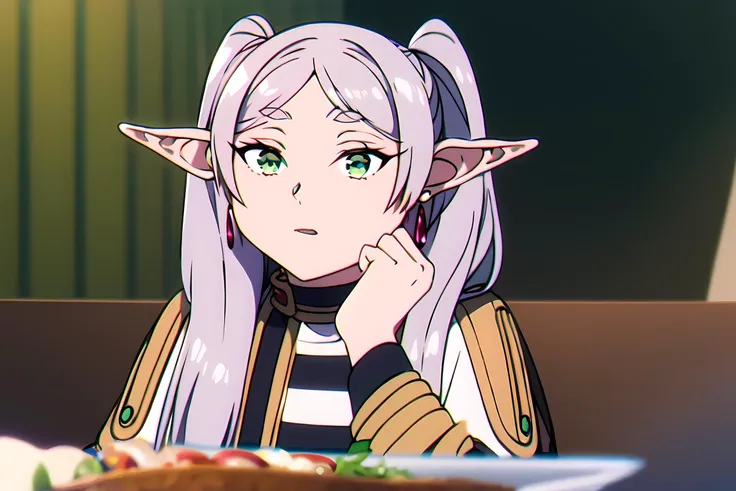 frieren, <lora:frieren-lora-nochekaiser:1>,
frieren, long hair, twintails, (green eyes:1.5), grey hair, pointy ears, elf,
BREAK shirt, long sleeves, jewelry, pantyhose, earrings, striped, capelet, striped shirt,
BREAK <lyco:GoodHands-beta2:1>, (masterpiece:1.2), best quality, high resolution, unity 8k wallpaper, (illustration:0.8), (beautiful detailed eyes:1), extremely detailed face, perfect lighting, extremely detailed CG, (perfect hands, perfect anatomy),
WomanYellingP2, solo, food, 1girl, <lora:WomanYellingAtCatMeme:0.6>