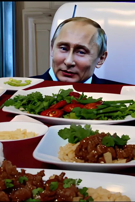 WomanYellingP2, solo food, 1boy Vladimir Putin looking smug <lyco:WomanYellingAtCatMeme:1.0>)
