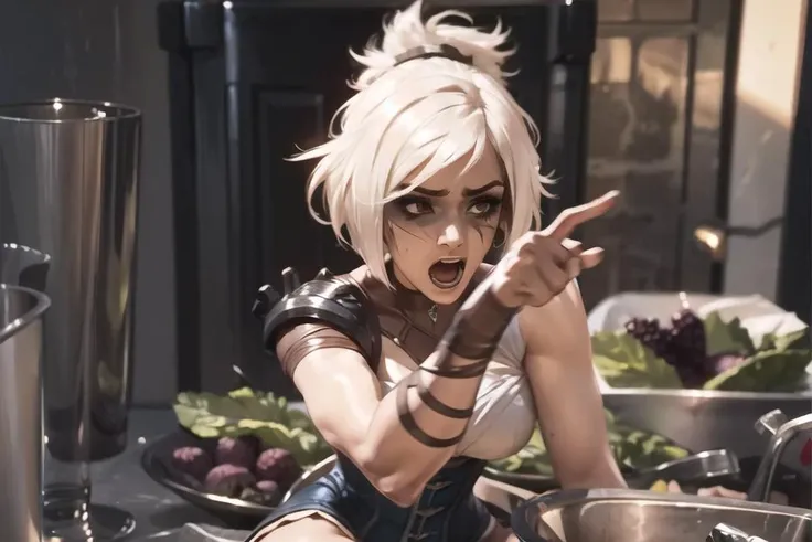 Highly detailed, High Quality, Masterpiece, beautiful, WomanYellingP1, pointing, 1girl, <lyco:WomanYellingAtCatMeme:1.0>, riven \(league of legends\) pointing, short dress, corset, white hair, black eyeshadow