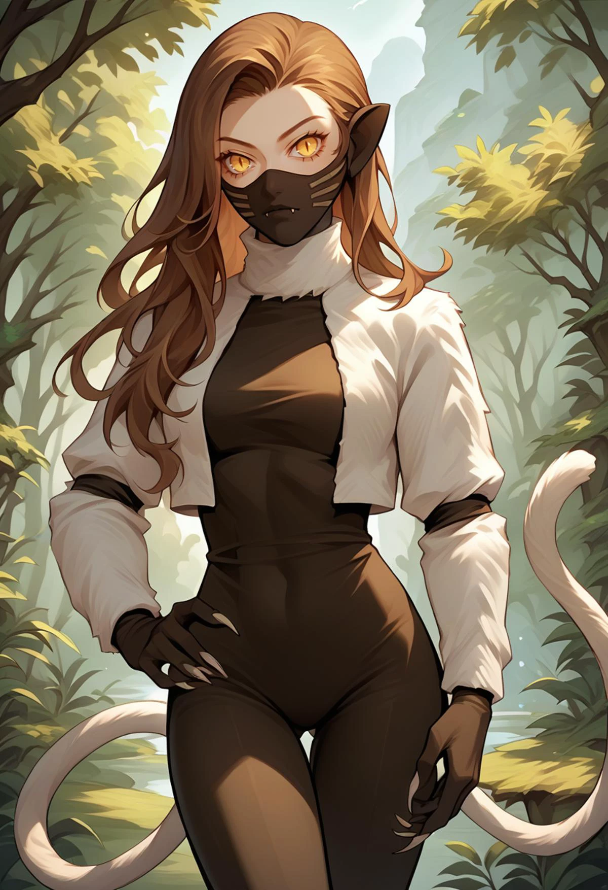 score_9, score_8_up, score_7_up, source_anime, 1girl, thigh up, hand on hip, looking at viewer, <lora:zs_NekomataXL:1> nekomatasmt, brown hair, long hair, yellow eyes, slit eyes, cat tail, animal ears, claws, face mask, bodysuit, bolero, outdoors, forest