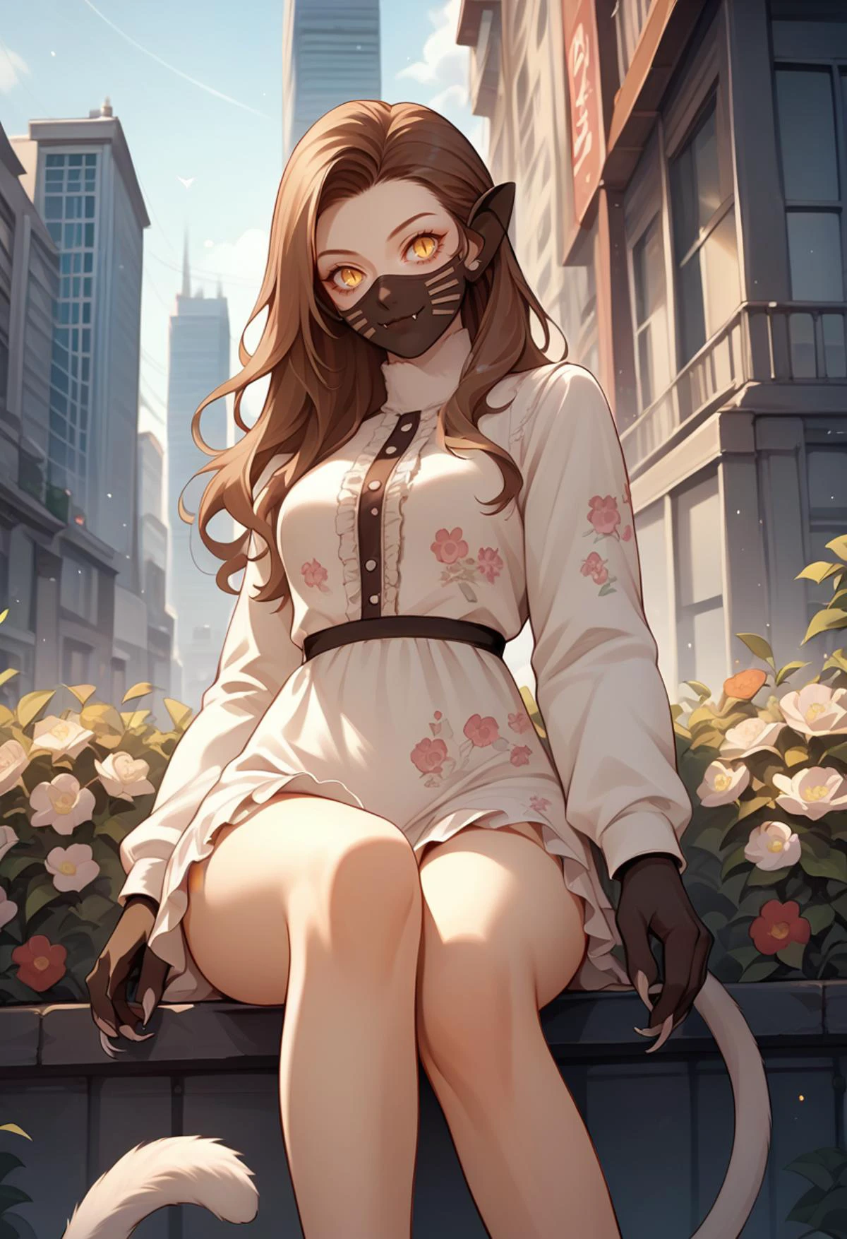 score_9, score_8_up, score_7_up, source_anime, 1girl, thigh up, looking at viewer, smile, <lora:zs_NekomataXL:1> nekomatasmt, brown hair, long hair, yellow eyes, slit eyes, cat tail, animal ears, claws, face mask, frilled dress, floral print, bare legs, outdoors, city