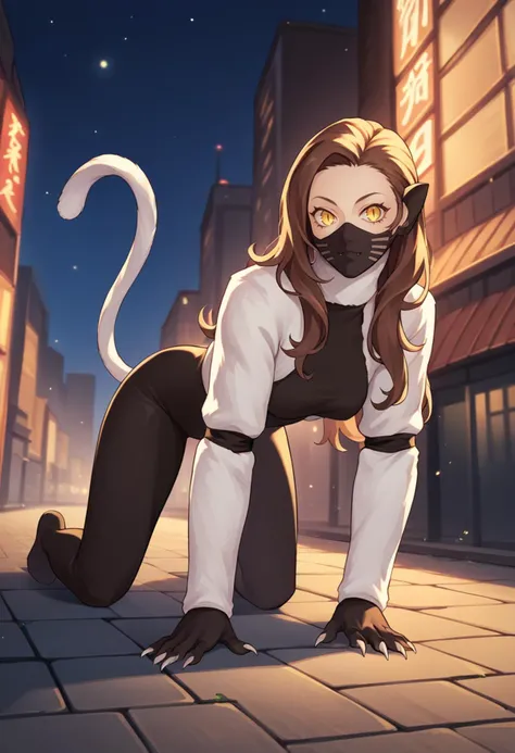 score_9, score_8_up, score_7_up, source_anime,  1girl, all fours, looking at viewer, <lora:zs_NekomataXL:1> nekomatasmt, brown hair, long hair, yellow eyes, slit eyes, cat tail, animal ears, claws, face mask, bodysuit, bolero, outdoors, night, city