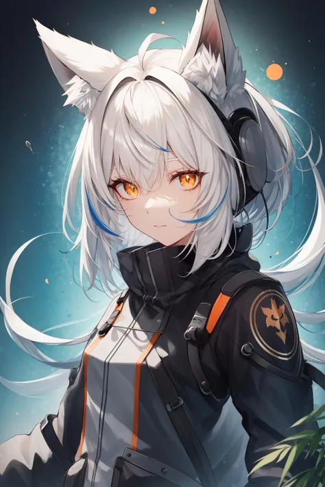 (masterpiece:1.1), (highest quality:1.1), (HDR:1.0), extreme quality, cg, (negative space), detailed face+eyes, 1girl, fox ears, animal ear fluff, (plants:1.18), (fractal art), (bright colors), splashes of color background, colors mashing, paint splatter, complimentary colors, neon, (thunder tiger), compassionate, electric, limited palette, synthwave, fine art, tan skin, upper body, (green and orange:1.2), time stop, sy3, SMM