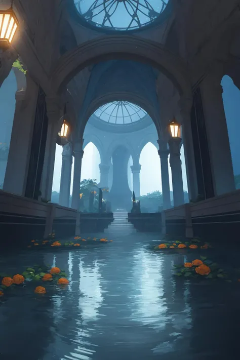 extreme quality, cg, photorealistic, (bright colors:0.9), light, elemental, water magic, blue, water, magical, righteous, (outdoors), masterpiece, 8k, (tone mapping, hyper focus:0.5), limited palette, (dappled sunlight:0.7), reflective surface, orange, wholesome, (varied depth of field:0.8), complimentary colors, particle dust, green embers, (ancient), (pyramid:0.7), flood, (vegetation), plants, (destiny 2:1.25), (no humans:1.5), (neon cyber technology:1.27), (architecture:0.8), magical, ruins, (catacomb:0.7), ripples, granite, detailed texture, flower, marble, vine