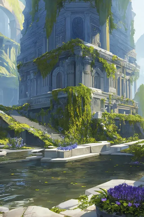 extreme quality, cg, photorealistic, (bright colors:0.9), light, elemental, water magic, blue, water, magical, righteous, (outdoors), masterpiece, 8k, (tone mapping, hyper focus:0.5), limited palette, (dappled sunlight:0.7), reflective surface, orange, wholesome, (varied depth of field:0.8), complimentary colors, particle dust, green embers, (ancient), (pyramid:0.7), flood, (vegetation), plants, (destiny 2:1.25), (no humans:1.5), (neon cyber technology:1.27), (architecture:0.8), magical, ruins, (catacomb:0.7), ripples, granite, detailed texture, flower, marble, vine