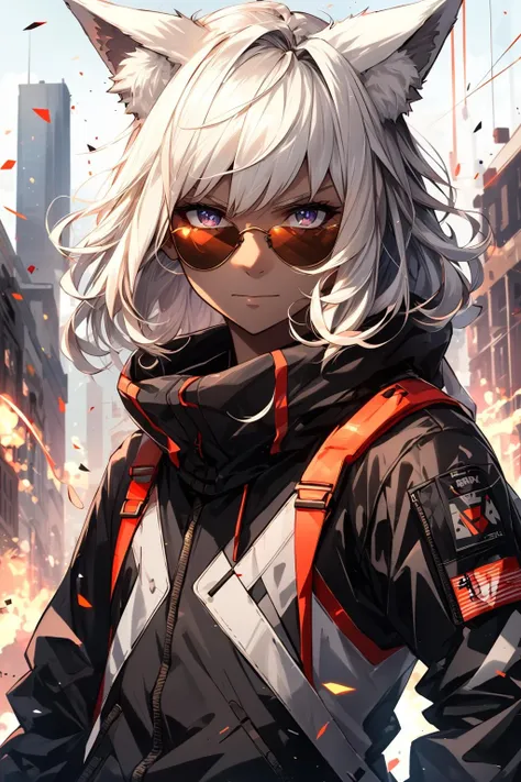 extreme quality, cg, detailed face, (bright colors:1.0), (anime), 1girl, (fox ears, animal ear fluff, (fluffy hair), white hair, medium hair, gold lens sunglasses, (sporty:0.8):1.2), (dark skin:1.2), solo, floating hair, looking at viewer, cute serious, smirk, glowing, animated, jacket, glitch, cinematic lighting, strong contrast, high level of detail, (flat color:0.6), masterpiece, best quality, 8k, white background, broken glass, (explosion), tactical clothing, wearing sunglasses, bj_Fault art, SMM
