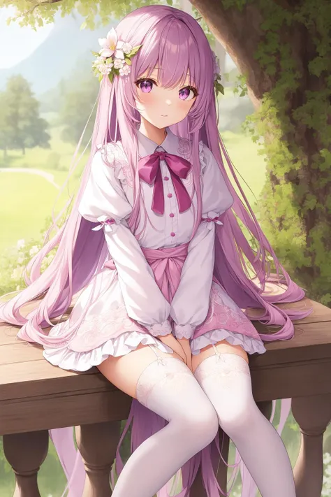 detailed background, superb, 1girl, long hair light purple hair, curly hair, cute, eyelashes, sitting, white dress, pink ribbon around her waist, pink flats, white thighhighs, beautiful 8k wallpaper, outdoors, nature, tree, bush, flower, rustic, extremely detailed, intricate