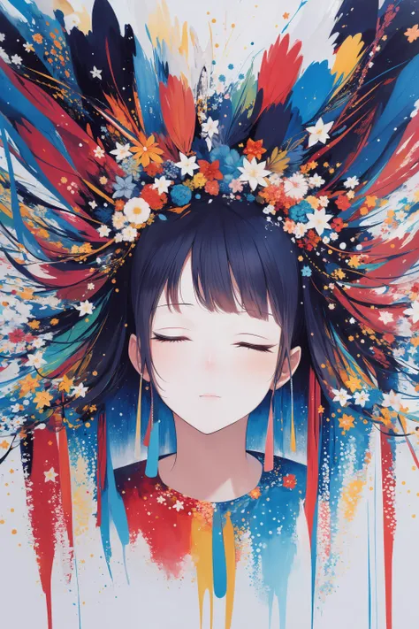 masterpiece, best quality, ultra high res, (abstract art:1.4), portrait, 1girl, flying hair, hair ornament, eyes closed