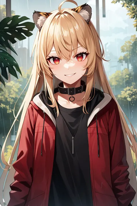 girl in jungle, epic, intricate, smirk, from above, 1girl, standing, (thunder rain storm, aura:1.1), blonde hair, tiger ears, messy hair, slit pupils, red eyes, black jacket, high collar