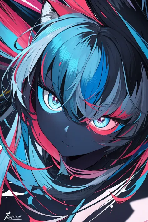 extreme quality, flat 2d, detailed face+eyes, (bright colors), splashes of color background, colors mashing, paint splatter, complimentary colors, electric, neon, magical, (thunder cat), impatient, (limited palette), synththwave, masterpiece, fine art, tan skin, upperbody