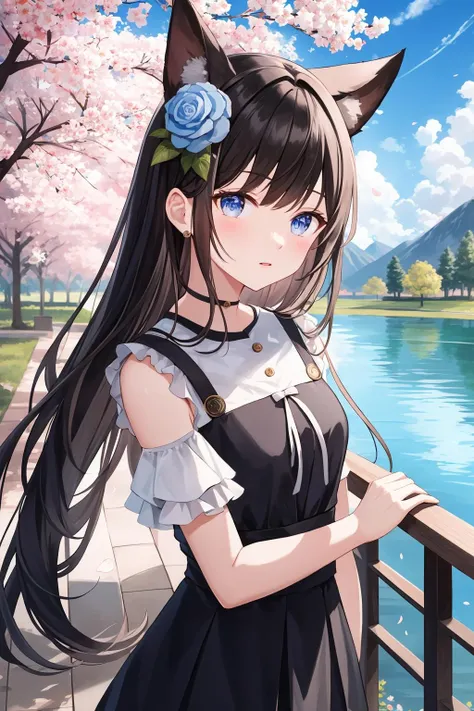 (masterpiece:1.1), (best quality:1.2), highres, original, extremely detailed wallpaper, official art, looking at viewer, 1girl, solo, animal ears, long hair, bangs, dress, floral print, hair ornament, hair flower, cherry blossoms, flower, petals, tree, day, outdoors, branch, lake, water, blue sky, rose, cloud, river