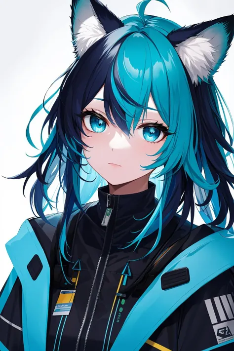 (masterpiece:1.1), (highest quality:1.1), (HDR:1.0), extreme quality, cg, (negative space), detailed face+eyes, 1girl, fox ears, animal ear fluff, (plants:1.18), (fractal art), (bright colors), splashes of color background, colors mashing, paint splatter, complimentary colors, neon, (thunder tiger), compassionate, electric, limited palette, synthwave, fine art, tan skin, upper body, (blue and teal:1.2), time stop