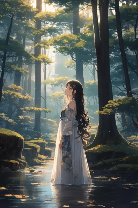 jellyfishforest, 1girl, mushroom, dress, long hair, scenery, white dress, solo, nature, water, wading, outdoors, tree, standing, black hair, fantasy, forest