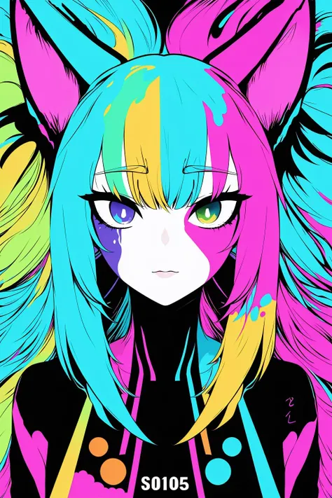 extreme quality, flat 2d, detailed face+eyes, (bright colors), splashes of color background, colors mashing, paint splatter, complimentary colors, electric, neon, magical, (thunder cat), impatient, (limited palette), synththwave, masterpiece, fine art, tan skin, upperbody
