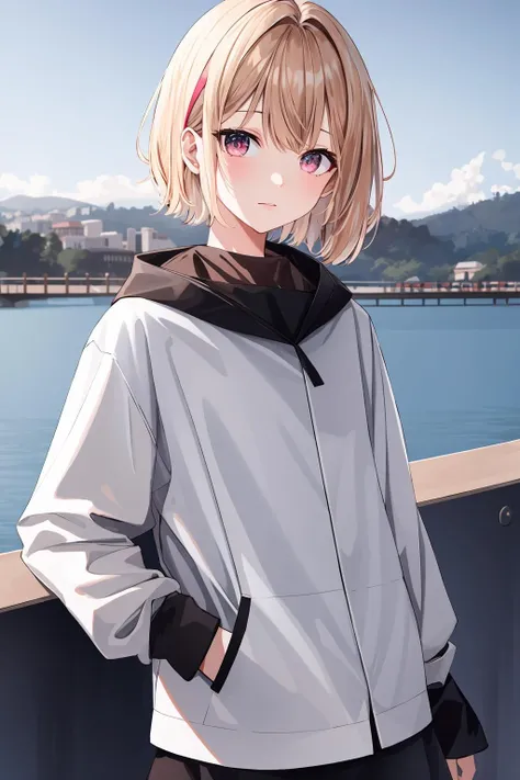 (masterpiece:1.1), (highest quality:1.1), (HDR:1.0), 1girl, solo, outdoors, multicolored hair, short hair, blonde hair, pink hair, red eyes