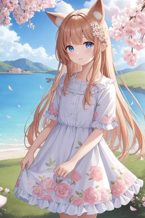 (masterpiece:1.1), (best quality:1.2), highres, original, extremely detailed wallpaper, official art, looking at viewer, 1girl, solo, animal ears, long hair, bangs, dress, floral print, hair ornament, hair flower, cherry blossoms, flower, petals, tree, day, outdoors, branch, lake, water, blue sky, rose, cloud, river