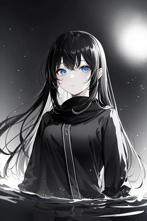 solo, cave, underground, sad, blue eyes, black hair, 1girl, water, ((dark lighting, dark, night, low color gamma)), fog, lineart