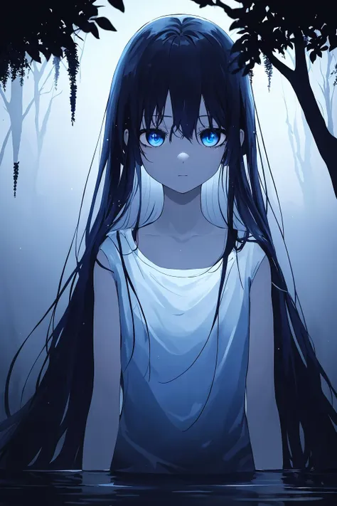 solo, cave, underground, sad, blue eyes, black hair, 1girl, water, ((dark lighting, dark, night, low color gamma)), fog, lineart